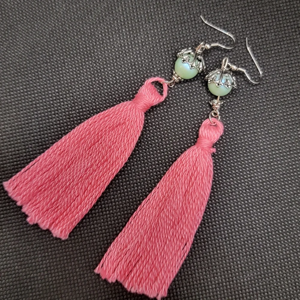 Handmade Tassel Earrings Pink Minty Teal Pearlescent Faux Pearl Bell Boho Hippie